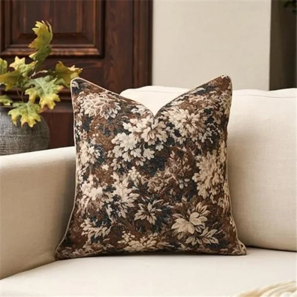 Neutral Floral Pillow Cover 20 x 20 Inches, Vintage Chenille Square